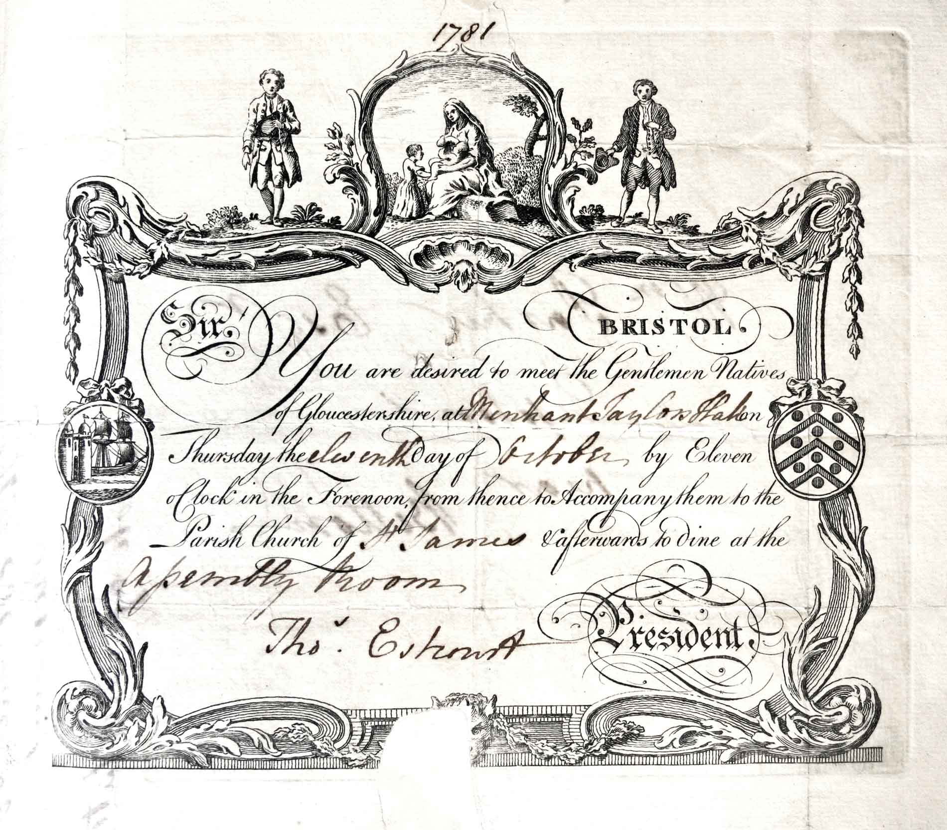 A Gloucestershire Society Invitation From Thomas Estcourt - 1781